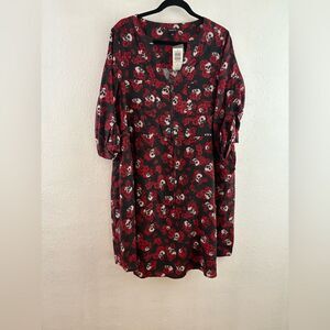 Torrid Dress Skull Rose Zip Front Tie Waist 3/4 Sleeve Pockets Size 1X.